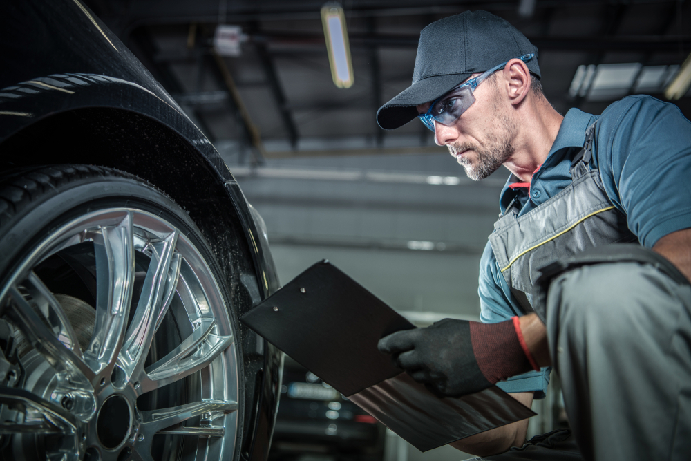 Mechanic inspecting a wheel and tyre during car servicing at Australia's Most Wanted Wheels and Tyres Bathurst